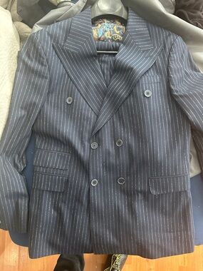 Double-Breasted Navy Pinstripe Suit Jacket